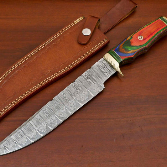 Handmade Damascus Pakka Wood Bowie Hunting Knife with Brass Guard