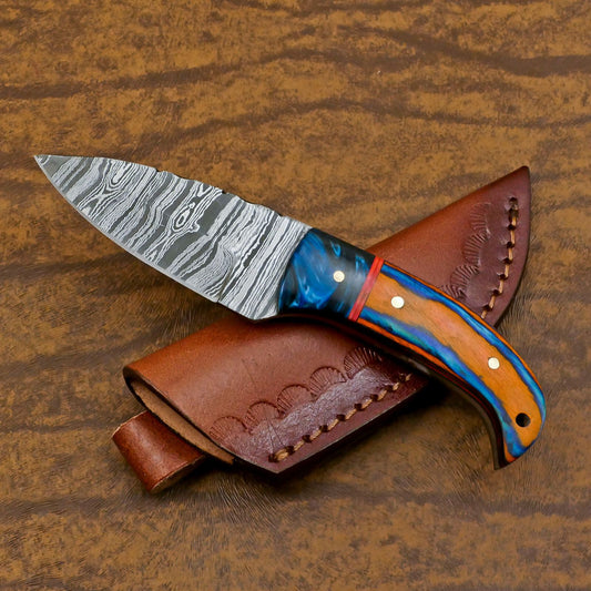Handmade Damascus Skinner Hunting Knife – Custom Resin Wood Handle Fixed Blade EDC Knife