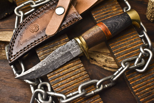 Handmade Damascus Skinner Hunting Knife Rain Drop Pattern with Hard Wood Handle and Brass Guard