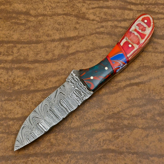  Handmade Damascus Skinner Hunting Knife with Resin and Wood Handle – Custom Damascus Steel Blade