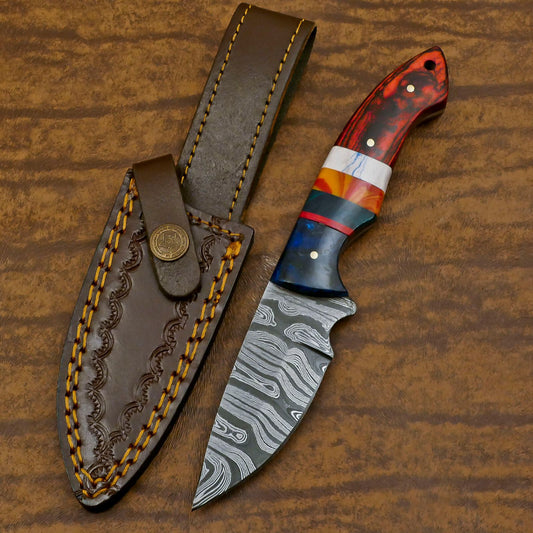 Handmade Damascus Skinner Hunting Knife with Resin and Wood Handle – Custom Fixed Blade EDC Knife