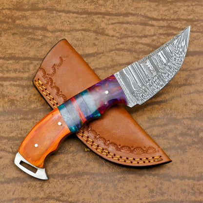 Heritage Forge Handmade Damascus Skinner Hunting Knife with Resin and Wood Handle – Custom Fixed Blade Knife