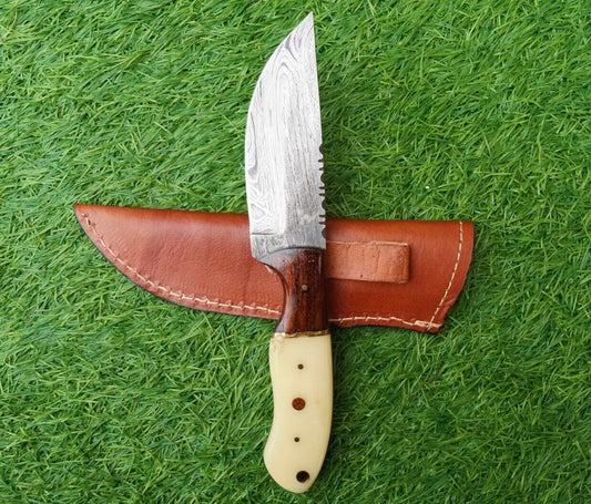Handmade Damascus Skinner Knife – Half Tang Everyday Carry Damascus Steel Knife with Rosewood & Bone Handle, 4.5" Blade

