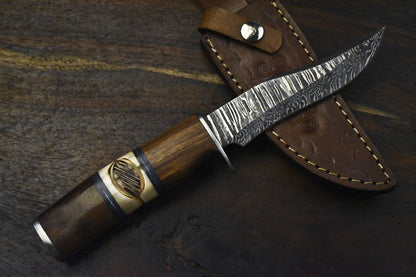 Handmade Damascus Skinner Knife Twist Pattern Bone and Wood Hunting Tool