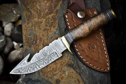 Handmade Damascus Skinner Knife with Gut Hook Corian Handle Twist Pattern – Outdoor Hiking Tool