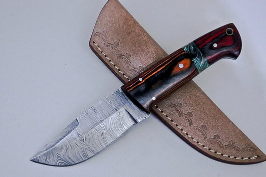 Handmade Damascus Skinner Knife with Paka Wood Handle and Premium Leather Sheath