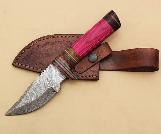Handmade Damascus Skinner Knife with Pakka Wood Handle – 8 Inch Hunting and Camping Blade with Leather Sheath