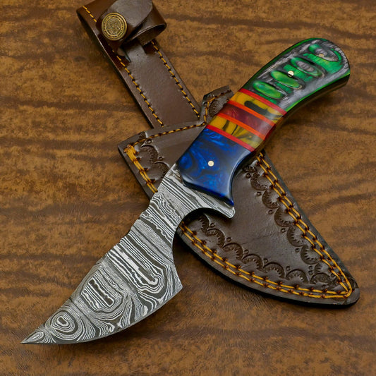 Handmade Damascus Skinner Knife with Resin Wood Handle for Hunting and EDC


