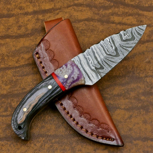 Handmade Damascus Skinner Knife with Resin and Wood Handle – Custom Hunting EDC Blade