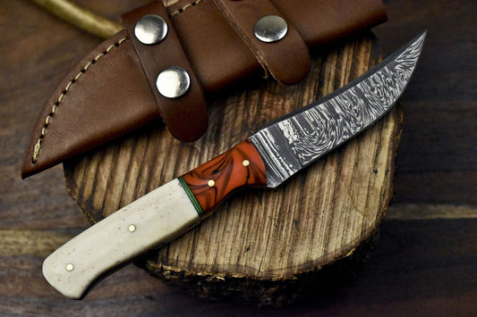 Handmade Damascus Skinner Knife with Twist Pattern Blade, Bone Handle, and Micarta Bolster – Outdoor Fixed Blade Hunting Knife