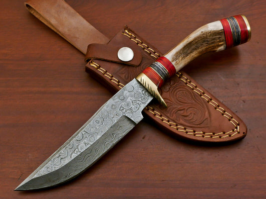 Handmade Damascus Stag Antler Bowie Hunting Knife – Brass Guard – 12"
