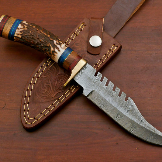 Handmade Damascus Stag Antler Bowie Hunting Knife – Brass Guard – 15"