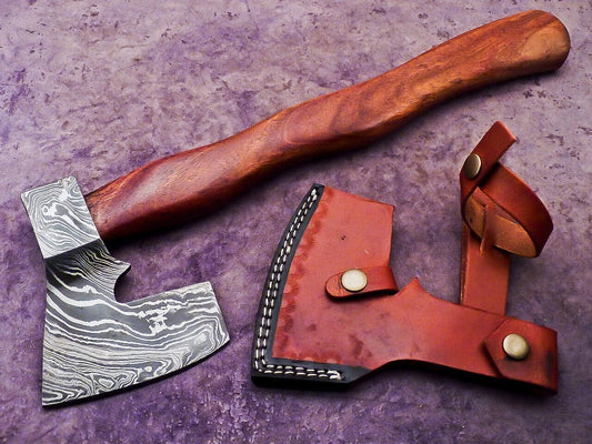 Handmade Damascus Steel Axe 16-Inch with Natural Wood Handle and Leather Sheath