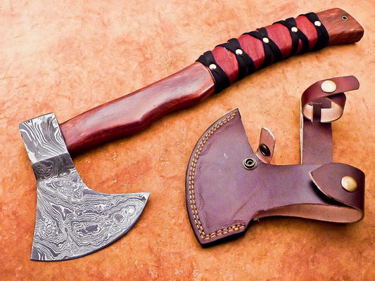 Handmade Damascus Steel Axe 17-Inch with Natural Wood Handle and Leather Sheath