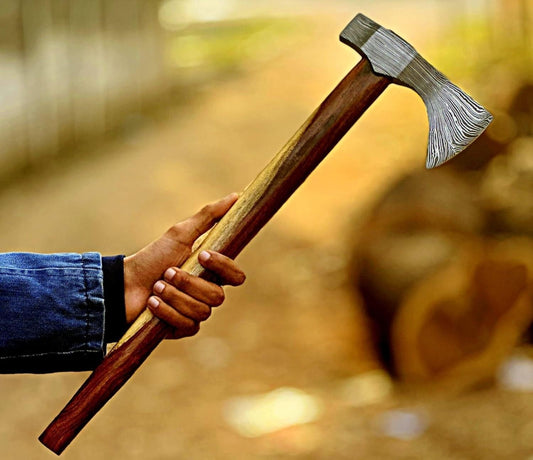 Handmade Damascus Steel Axe Hatchet Tomahawk | 18-Inch Viking Axe with Wood Handle & Leather Sheath