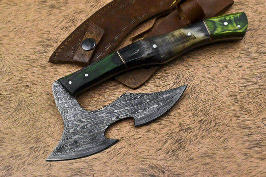 Handmade Damascus Steel Axe Hunting Clever Chopper Knife with Wooden Handle and Leather Sheath
