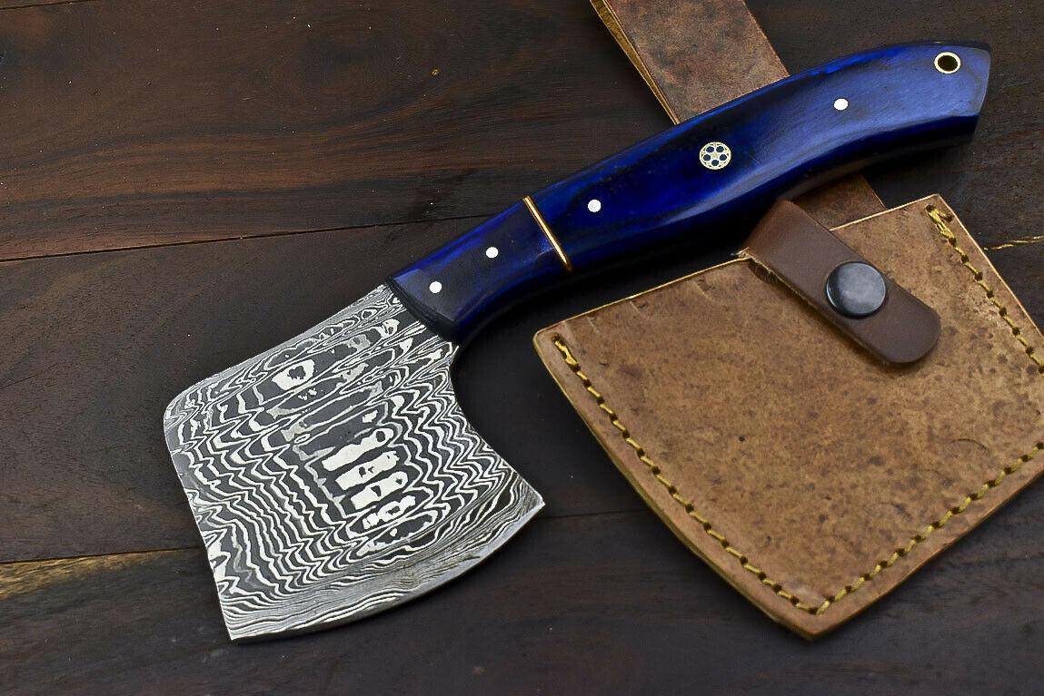Handmade Damascus Steel Axe Knife Hard Wood Hunting Clever Chopper with Leather Sheath