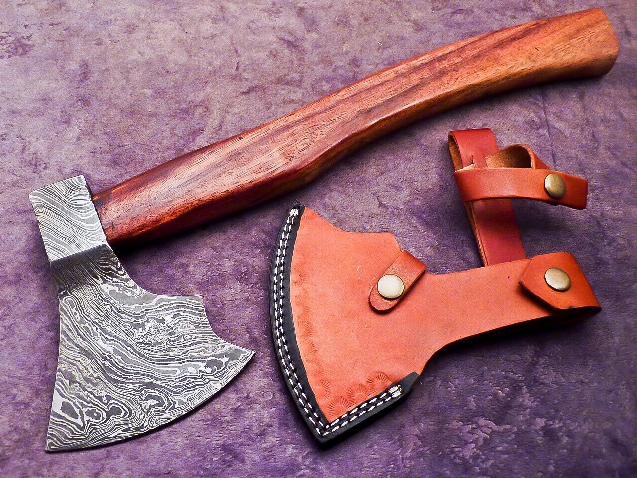 Handmade Damascus Steel Axe Limited Edition Unique Collectible with Natural Wood Handle and Leather Sheath