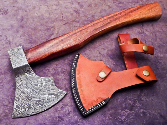 Handmade Damascus Steel Axe Limited Edition Unique Collectible with Natural Wood Handle and Leather Sheath