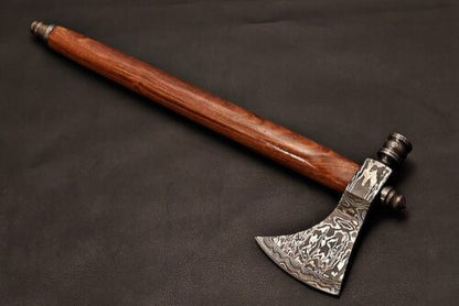 Handmade Damascus Steel Axe Pipe | Functional Outdoor Axe with Wood Handle & Leather Sheath