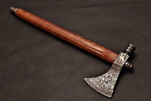 Handmade Damascus Steel Axe Pipe | Functional Outdoor Axe with Wood Handle & Leather Sheath