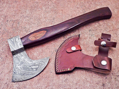 Handmade Damascus Steel Axe | Unique 16-Inch Limited Edition with Natural Wood Handle & Leather Sheath