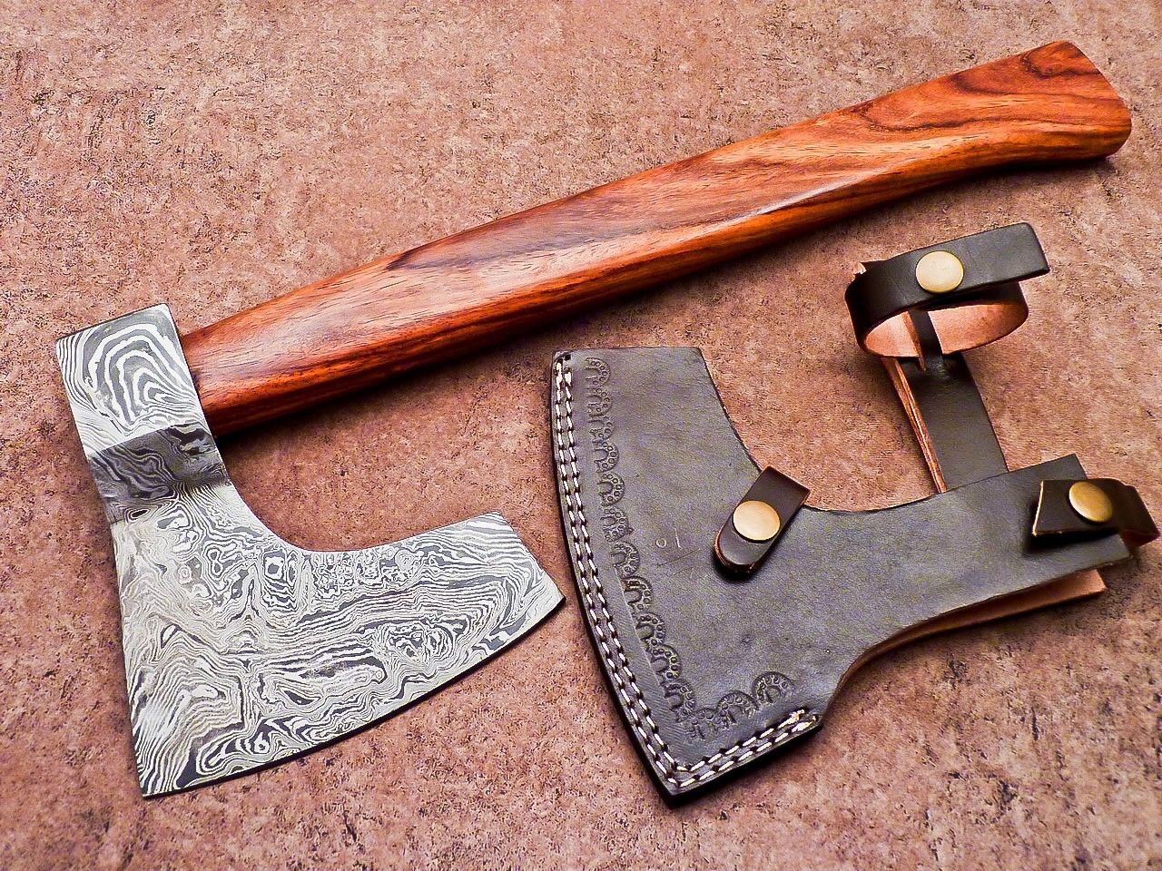 Handmade Damascus Steel Axe | Unique Limited Edition 16-Inch Axe with Natural Wood Handle & Leather Sheath
