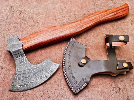   Handmade Damascus Steel Axe | Unique Limited Edition 21-Inch Axe with Natural Wood Handle & Leather Sheath