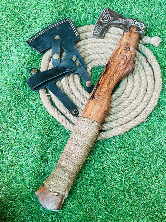Handmade Damascus Steel Axe Viking Tomahawk Axe with Wood Handle and Leather Sheath