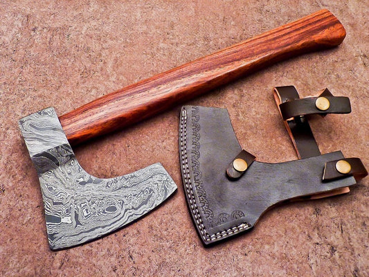 Handmade Damascus Steel Axe with Natural Wood Handle | 15 Inch Custom Forged Axe with Sheath