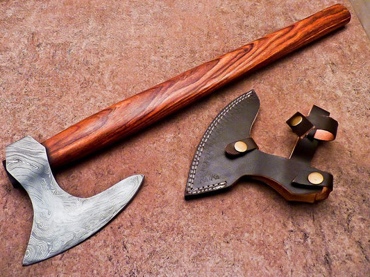 Handmade Damascus Steel Axe with Natural Wood Handle | Custom 21 Inch Forged Axe with Sheath