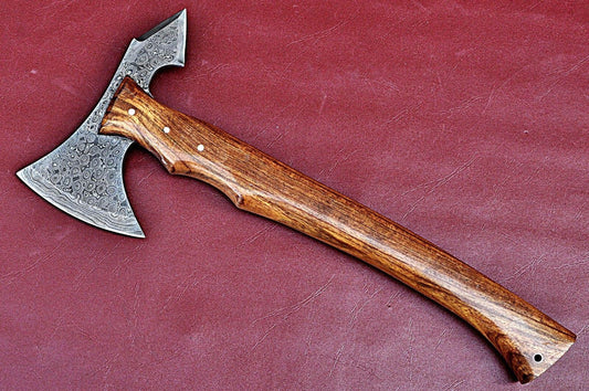 Handmade Damascus Steel Axe with Walnut Wood Handle and Raindrop Pattern Blade