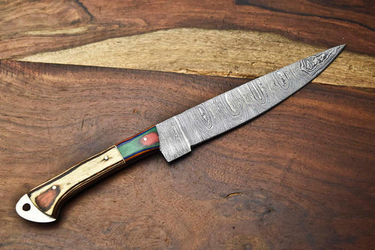 Handmade Damascus Steel Blade Chef Full Tang Knife – Camel Bone & Wood Handle