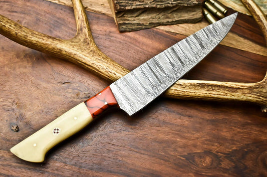Handmade Damascus Steel Blade Chef Knife  With Full Tang Bone Handle