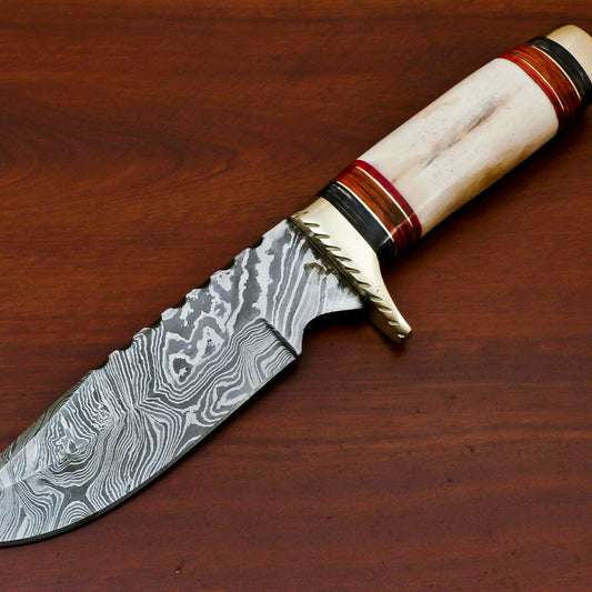 Handmade Damascus Steel Bowie Hunting Knife | Camel Bone Handle