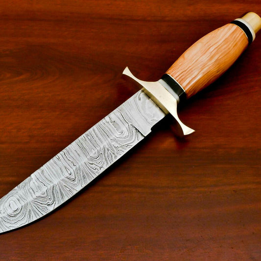 Handmade Damascus Steel Bowie Hunting Knife | Olive Wood Handle & Brass Guard