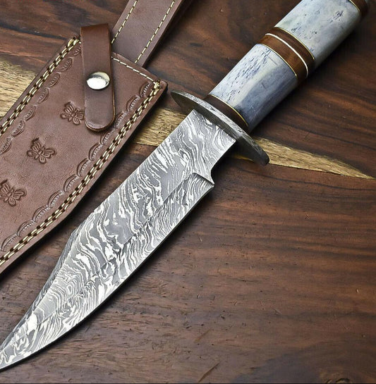 Handmade Damascus Steel Bowie Hunting Knife with Camel Bone Handle