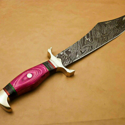  Handmade Damascus Steel Bowie Hunting Knife with Hardwood Handle and Leather Sheath