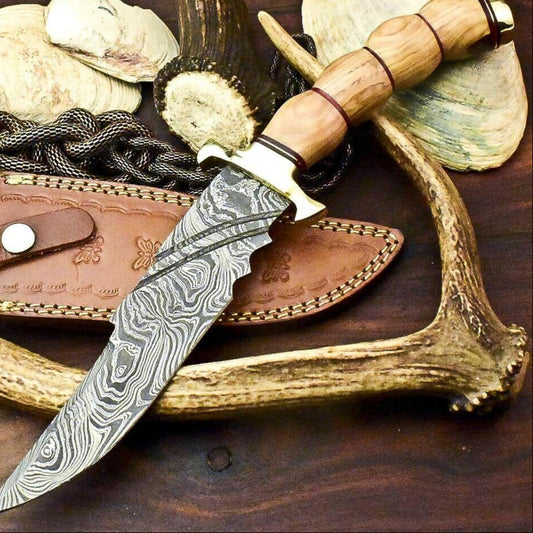 Handmade Damascus Steel Bowie Knife – 12.5" Olive Wood Handle Hunting Knife