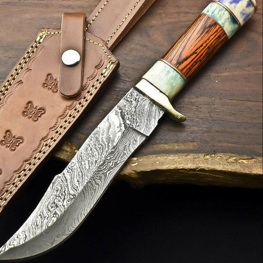 Handmade Damascus Steel Bowie Knife – 12" Camel Bone Hunting Knife with Leather Sheath