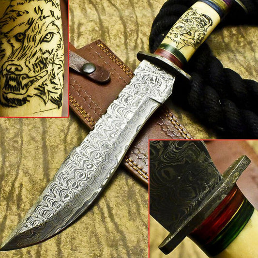 Handmade Damascus Steel Bowie Knife | 13.1" Camel Bone Scrimshaw Hunting Blade