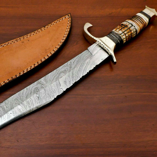 Handmade Damascus Steel Bowie Knife | 17" Stained Camel Bone Hunting Blade