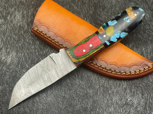 Handmade Damascus Steel Bowie Knife 8 Inch EDC with Resin and Hardwood Handle