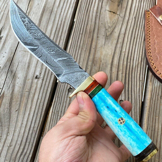 Handmade Damascus Steel Bowie Knife – Camel Bone Handle (10")