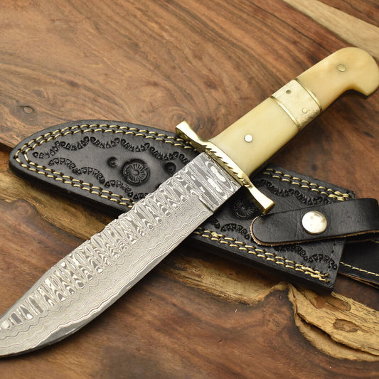 Handmade Damascus Steel Bowie Knife Camel Bone Handle Brass Guard