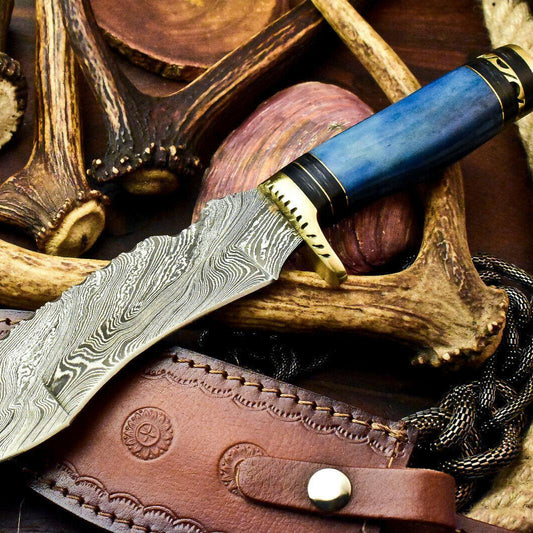 12" Handmade Damascus Steel Bowie Knife – Camel Bone Handle & Leather Sheath