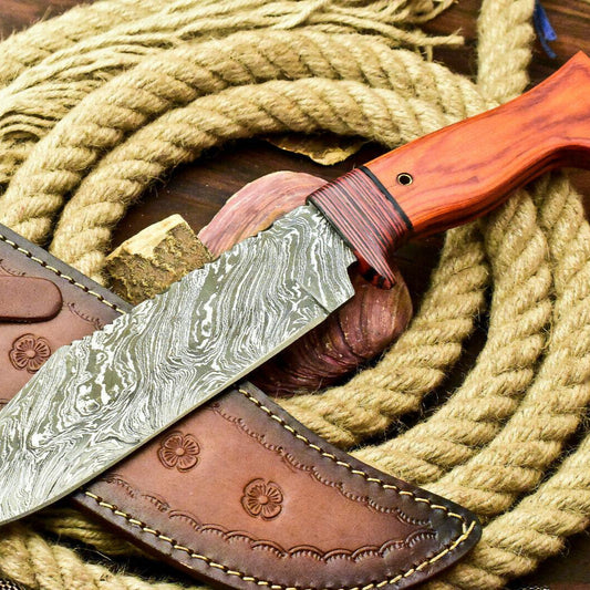 Handmade Damascus Steel Bowie Knife – Hardwood Handle (14")