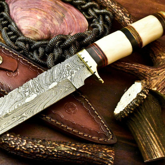 Handmade Damascus Steel Bowie Knife | Stained Camel Bone Handle