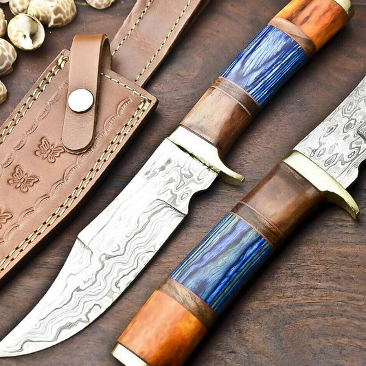 Handmade Damascus Steel Bowie Knife with Camel Bone Handle – 13.5" Hunting Blade