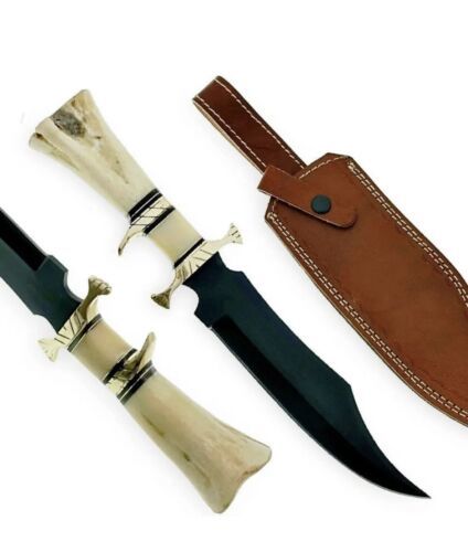 Handmade Damascus Steel Bowie Knife with Camel Bone Handle for Hunting and Camping